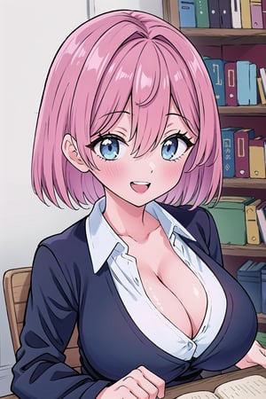 (Masterpiece), upper body, 1girl, solo, looking at viewer, short hair, ((((pink hair)))), bangs, hair between eyes, blue eyes, blush, smile, teeth, open mouth, collarbone, gigantic breasts, cleavage, shirt, collared shirt, long sleeves, white shirt, dress shirt, :d, indoors, bookshelf,Ririsa Amano,poakl