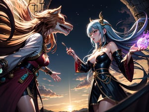 High quality, highly detailed, masterpiece, digital illustration in anime style, soft anime tones, Japanese anime style, magic dragon vs magic girl, detailed illustration of beautiful magic girl fighting with dragon, magic hat, fantasy world, stunning landscape, mystical atmosphere, 3D effect, luminism, Albert Anker, 3d rendering, octane rendering, film, isometric, by yukisakura, awesome full color,