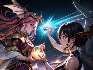 High quality, highly detailed, masterpiece, anime style digital illustration, soft anime tones, Japanese anime style, (Magic Dragon: 1.2) VS (Magical Girl: 1.2), detailed illustration of beautiful magical girl fighting with dragon, magic hat , fantasy world, stunning landscapes, mystical atmosphere, 3D effects, luminism, Albert Anker, 3d rendering, octane rendering, cinema, isometric, by yukisakura, awesome full color,