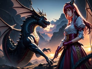 High quality, highly detailed, masterpiece, anime style digital illustration, soft anime tones, Japanese anime style, (Magic Dragon: 1.2) VS (Magical Girl: 1.2), detailed illustration of beautiful magical girl fighting with dragon, magic hat , fantasy world, stunning landscapes, mystical atmosphere, 3D effects, luminism, Albert Anker, 3d rendering, octane rendering, cinema, isometric, by yukisakura, awesome full color,