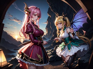 High quality, highly detailed, masterpiece, anime style digital illustration, soft anime tones, Japanese anime style, (Magic Dragon: 1.2) VS (Magical Girl: 1.2), detailed illustration of beautiful magical girl fighting with dragon, magic hat , fantasy world, stunning landscapes, mystical atmosphere, 3D effects, luminism, Albert Anker, 3d rendering, octane rendering, cinema, isometric, by yukisakura, awesome full color,