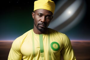 A black nigerian mature man, nigerian god, muscule body, compleate body, afircan king, wearing yellow with green clothes, yellow with green decorate kufi hat, Aso ebi,  beautiful brown eyes, high resolution, 85 mm film photography, full length photo, galaxy in the background