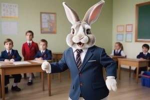 a rabbit dressed in school suits and looking crazy in a room where a teacher is trying to explain something