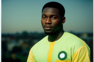 A black nigerian man, muscule body, wearing yellow and green clothes, Aso ebi,  beautiful brown eyes, high resolution, 35 mm film photography, galaxy in the background