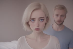 young woman, white skin, blue eyes, sexy lips, with a worried expression, anxiety, next to her is a young man with short hair, 3-day beard, also with a worried expression, in the background a bedroom