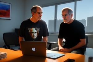 A good looking Steve Jobs and Wozniak. Wearing a black tee sitting at a cool work desk with laptop and unique art. Dimly lit room.