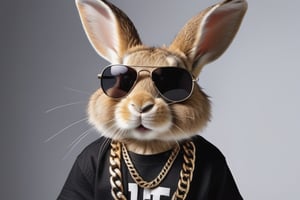 rabbit with sunglasses, dressed in a black t-shirt, his hairstyle is straight hair, wearing rapper-style chains,.