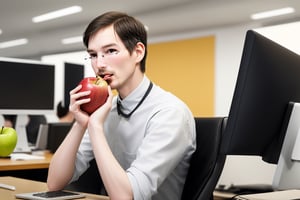a young Steve jobs, eating an apple, office background with people working