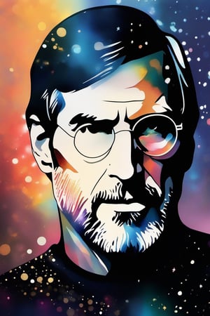 Watercolor and metallic touches, by Steve Jobs, beautiful and powerful, with iridescent blue glitter sweater. Between disco lights.