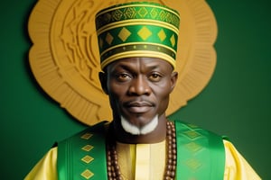 A black nigerian mature man, nigerian god, ifa religion, muscule body, compleate body, afircan king, wearing yellow with green clothes, yellow with green decorate kufi hat, Aso ebi,  beautiful brown eyes, high resolution, 85 mm film photography, full length photo, galaxy in the background