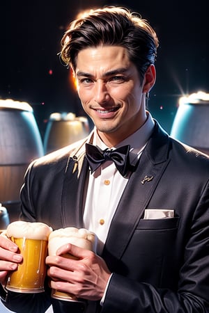 (((cup of beer in hand:1.2))), ((upper body))), A cinematic close-up of a handsome Asian man beaming with joy, his bright white teeth and charming smile radiating warmth as he celebrates his birthday in style. He's impeccably dressed in a sleek tuxedo, his elegant features accentuated by dramatic lighting that casts a warm glow on his caring eyes and perfectly shaped eyebrows. In the background, a majestic bear holding a 'Happy Birthday' banner adds to the whimsical atmosphere, surrounded by vivid colors and textures that pop against the dark backdrop.