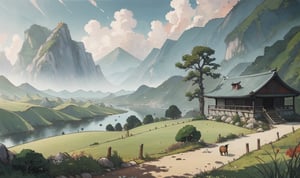 (pure background:1.4),best quality, masterpiece,highres,8K HD,Chinese landscape painting style,ghibli style,princessmononoke,No people or animals,landscaping