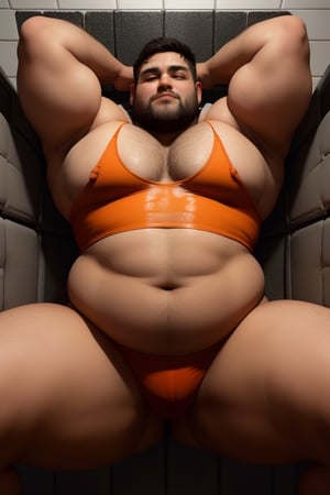 3d, handsome beard man, beautiful smile, wide chest very big beefy round pecs, slim tummy and back, hourglass body shape waistline, very big fat wide curvy hips, very big wide beefy fat ass, big very thicker thighs, milk wet skins, in sexy orange uniform bikini, in jail, big round fat ass, spreading big round fat ass, laying down sexy position, male face,