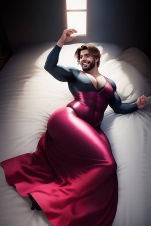 (masterpiece), 3d best quality, handsome charming beard man , short hairs, beautiful smiling, extra wide chest, extra fat pecs, slim tummy, hourglass body shape waistline, curvy wide hips, curvy body shape, perfect wide round fat ass, beefy wide and curvy fat thighs, wearing sexy costume, in the room, laying down, showing ass,mature