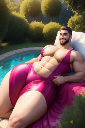 (masterpiece), 3d best quality, handsome charming beard man , short hairs, beautiful smiling, extra wide chest, extra fat pecs, slim tummy, hourglass body shape waistline, curvy wide hips, curvy body shape, perfect wide round fat ass, beefy wide and curvy fat thighs, wearing sexy costume, in the room, laying down, showing ass,mature