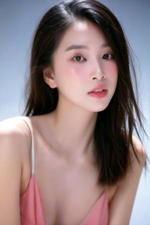 (Realistic, RAW photo), an upper body portrait photo of (busty) girl, natural skin, 8k uhd, high quality, film grain, (Fujifilm XT3), JeeSoo ,dream_girl,  dynamic expression, dark theme casual clothes, bare shoulders 