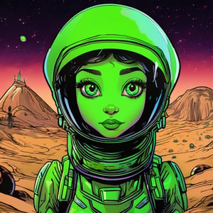 little green female from mars, comic style, funny, aliens, verry detailed, best quality, exotic, Science Fiction, 8k, vibrant colors