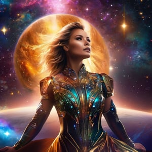 year 2124, future dress, woman 20 years, breathtaking, insane detailed, best quality, science fiction, space colors, starlight