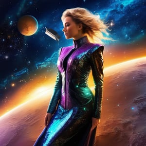 year 2124, future dress, woman 20 years, breathtaking, insane detailed, best quality, science fiction, space colors, starlight