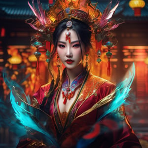 Chinese style, Sorceress, close-up, in focus, best quality, insane detailed, complex composition, intense colors, science fiction, filigran, transparency, glass, dynamic lighting