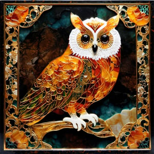 Lace painting, owl, Fantasy, Amber, Jade, Rubin, Marble