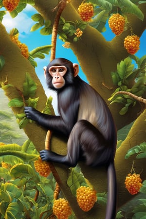 Monkey in tree, masterwork, 16k resolution, extravagant colors, incredibly detailed, hopefull, funny, joke, kitchenfull