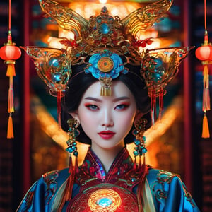 Chinese style, Sorceress, close-up, in focus, best quality, insane detailed, complex composition, intense colors, science fiction, filigran, transparency, glass, dynamic lighting