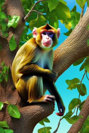 Monkey in tree, masterwork, 16k resolution, extravagant colors, incredibly detailed, hopefull, funny, joke, kitchenfull