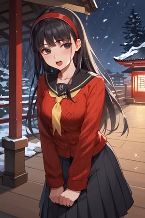 Exstasy face, blush, open mouth, smog, snowing,(score_9, score_8_up, score_7_up),masterpiece, high-quality,perfect anatomy, expressive eyes, perfect face,((background is japanese shrine at night)) ,yukikodef, black long hair, black eyes, red hairband, school uniform, red sweater, red cardigan, black sailor collar, yellow neckerchief, long sleeves, face close-up, Forcas face, From above 