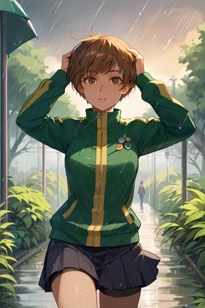 ((Rainy days)),hands on head,running away, soaked with rain,(score_9, score_8_up, score_7_up),perfect anatomy, expressive eyes, perfect face,,((in school garden at sunset)),chiedef, brown hair, short hair, brown eyes,green track jacket, badges, skirt, houndstooth, bike shorts, white socks,