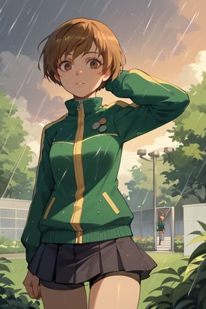 ((Rainy days)),((STANDING_SPLIT)),looking above,notice something face ,(score_9, score_8_up, score_7_up),perfect anatomy, expressive eyes, perfect face,,((in school garden at sunset)),chiedef, brown hair, short hair, brown eyes,green track jacket, badges, skirt, houndstooth, bike shorts, white socks,