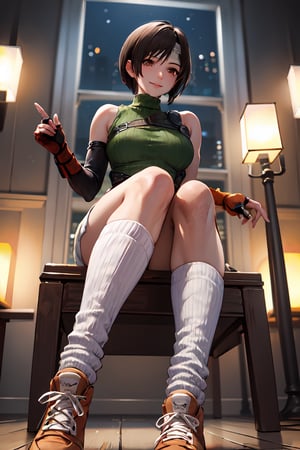 Woan Sit man ,evil smile, ((highly detailed)),((perfect anatomy)),masterpiece,scenery,intricately detailed, hyperdetailed, blurry background, depth of field, best quality, intricate details,  tonemapping, sharp focus, hyper detailed, high 1res, ((at night)),((in room)),yuffie kisaragi,headband, sleeveless turtleneck, shoulder armor, armguard, fingerless gloves, tan shorts, single thighhigh, fishnets, socks, sneakers, from below 