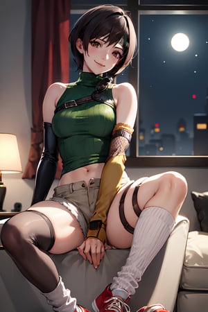 Sit sofa,evil smile, ((highly detailed)),((perfect anatomy)),masterpiece,scenery,intricately detailed, hyperdetailed, blurry background, depth of field, best quality, intricate details,  tonemapping, sharp focus, hyper detailed, high 1res, ((at night)),((in room)),yuffie kisaragi,headband, sleeveless turtleneck, shoulder armor, armguard, fingerless gloves, tan shorts, single thighhigh, fishnets, socks, sneakers, looking viewer 