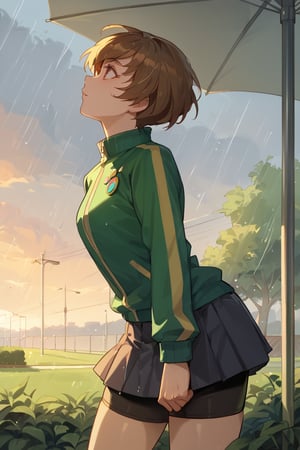 ((Rainy days)),((STANDING_SPLIT)),((look up)),notice something face ,(score_9, score_8_up, score_7_up),perfect anatomy, expressive eyes, perfect face,,((in school garden at sunset)),chiedef, brown hair, short hair, brown eyes,green track jacket, badges, skirt, houndstooth, bike shorts, white socks,