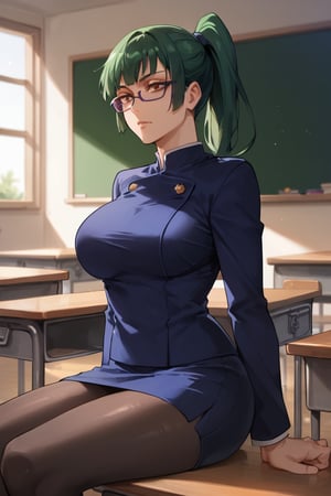 Sitting on table, agura,troubled eyebrows, ,large breasts,(score_9, score_8_up, score_7_up),perfect anatomy, expressive eyes, perfect face,((in school classroom at sunset)) ,MakizeninSDXL, exp, green hair, ponytail, long hair, brown eyes, purple glasses, jujutsu uniform, short skirt,pantyhose