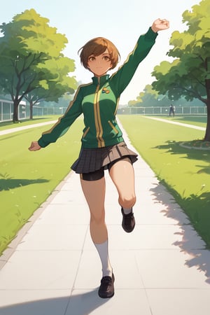  ,(score_9, score_8_up, score_7_up),perfect anatomy, expressive eyes, perfect face,,((in school garden at sunset)),chiedef, brown hair, short hair, brown eyes, track jacket, badges, skirt, houndstooth, bike shorts, white socks,STANDING_SPLIT,High Leg Raise,Hands on Legs