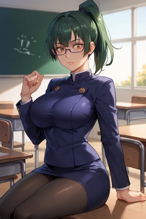 Sitting on table,surprised eyes,closed mouth, ,large breasts,(score_9, score_8_up, score_7_up),perfect anatomy, expressive eyes, perfect face,((in school classroom at sunset)) ,MakizeninSDXL, exp, green hair, ponytail, long hair, brown eyes, purple glasses, jujutsu uniform, short skirt,pantyhose