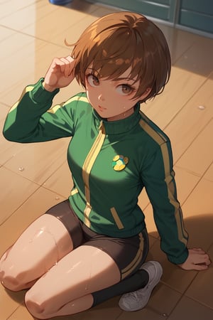 ((Soaked)),sitting on floor,(score_9, score_8_up, score_7_up),perfect anatomy, expressive eyes, perfect face,,((in school gym at sunset)),chiedef, brown hair, short hair, brown eyes,green track jacket, badges, skirt, houndstooth, bike shorts, white socks,from above,wet wearing 