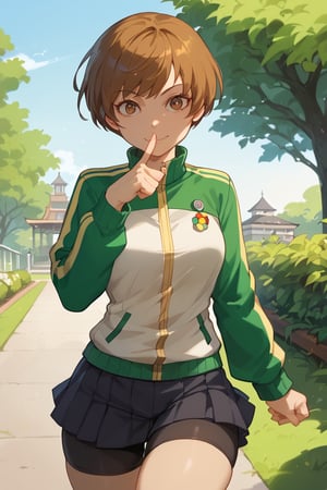 Chinese kangfu pose ,(score_9, score_8_up, score_7_up),perfect anatomy, expressive eyes, perfect face,,((in school garden at sunset)),chiedef, brown hair, short hair, brown eyes, track jacket, badges, skirt, houndstooth, bike shorts, white socks