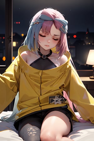 Luffing, closed eyes, ((highly detailed)),((perfect anatomy)),masterpiece,scenery,intricately detailed, hyperdetailed, blurry background, depth of field, best quality, intricate details,  tonemapping, sharp focus, hyper detailed, high 1res, ((at night)),((in bed room)),iono1,long hair, yellow jacket, long sleeves, hair ornament,short pants,