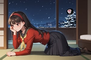 All fours on tatami, blush, smog, snowing,(score_9, score_8_up, score_7_up),masterpiece, high-quality,perfect anatomy, expressive eyes, perfect face,((background is japanese bedroom at night)) ,yukikodef, black long hair, black eyes, red hairband, school uniform, red sweater, red cardigan, black sailor collar, yellow neckerchief, long sleeves, skirt, black pantyhose,from side,spoken question mark