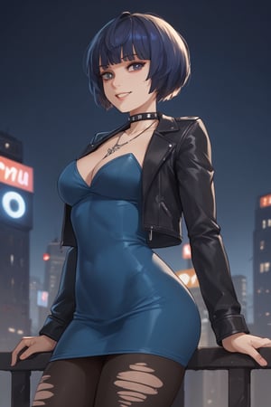 standing,smile, (score_9, score_8_up, score_7_up),masterpiece, high-quality,perfect anatomy, expressive eyes,(perfect face),darkness,((on night city, neon)),takemicasualp5, short hair, bob cut, black hair, blue hair, choker, necklace, leather jacket, blue dress, spiderweb, ripped pantyhose, makeup,eyeliner,takemip5,from behind, sexy hip line 