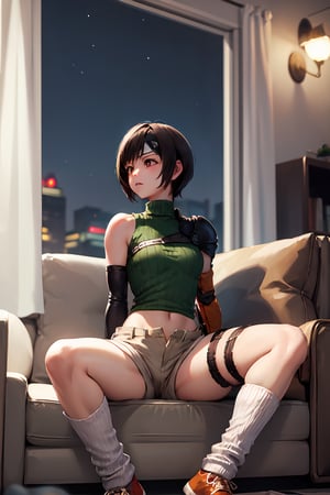 Sit sofa, ((highly detailed)),((perfect anatomy)),masterpiece,scenery,intricately detailed, hyperdetailed, blurry background, depth of field, best quality, intricate details,  tonemapping, sharp focus, hyper detailed, high 1res, ((at night)),((in room)),yuffie kisaragi,headband, sleeveless turtleneck, shoulder armor, armguard, fingerless gloves, tan shorts, single thighhigh, fishnets, socks, sneakers, looking away 