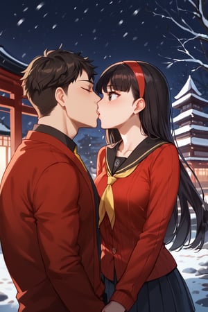 Man and woman kissing,man closed eyes, woman Surprised eyes, snowing,(score_9, score_8_up, score_7_up),masterpiece, high-quality,perfect anatomy, expressive eyes, perfect face,((background is japanese shrine at night)) ,yukikodef, black long hair, black eyes, red hairband, school uniform, red sweater, red cardigan, black sailor collar, yellow neckerchief, long sleeves, face close-up, 