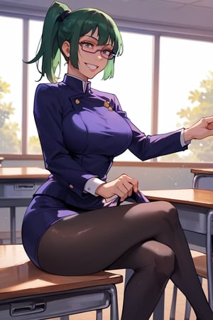 Sitting on table,force smile,large breasts,(score_9, score_8_up, score_7_up),perfect anatomy, expressive eyes, perfect face,((in school classroom at sunset)) ,MakizeninSDXL, exp, green hair, ponytail, long hair, brown eyes, purple glasses, jujutsu uniform, short skirt,pantyhose