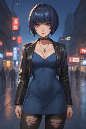 standing,smile, (score_9, score_8_up, score_7_up),masterpiece, high-quality,perfect anatomy, expressive eyes,(perfect face),darkness,((on night city, neon)),takemicasualp5, short hair, bob cut, black hair, blue hair, choker, necklace, leather jacket, blue dress, spiderweb, ripped pantyhose, makeup,eyeliner,takemip5,from side 