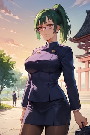 Standing,grinning,large breasts,(score_9, score_8_up, score_7_up),perfect anatomy, expressive eyes, perfect face,((in school entrance at sunset)) ,MakizeninSDXL, exp, green hair, ponytail, long hair, brown eyes, purple glasses, jujutsu uniform, short skirt,pantyhose