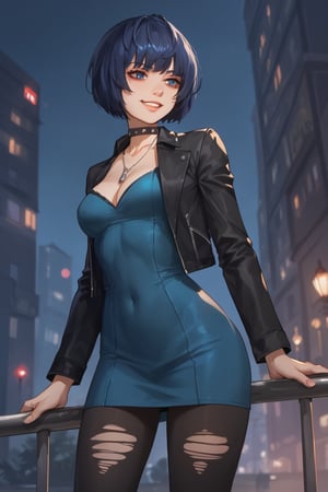 standing,smile, (score_9, score_8_up, score_7_up),masterpiece, high-quality,perfect anatomy, expressive eyes,(perfect face),darkness,((on night city, neon)),takemicasualp5, short hair, bob cut, black hair, blue hair, choker, necklace, leather jacket, blue dress, spiderweb, ripped pantyhose, makeup,eyeliner,takemip5