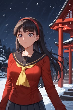 Surprised eyes, closed mouth, snowing,(score_9, score_8_up, score_7_up),masterpiece, high-quality,perfect anatomy, expressive eyes, perfect face,((background is japanese shrine at night)) ,yukikodef, black long hair, black eyes, red hairband, school uniform, red sweater, red cardigan, black sailor collar, yellow neckerchief, long sleeves, face close-up, 