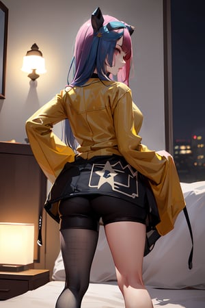 Standing, ((highly detailed)),((perfect anatomy)),masterpiece,scenery,intricately detailed, hyperdetailed, blurry background, depth of field, best quality, intricate details,  tonemapping, sharp focus, hyper detailed, high 1res, ((at night)),((in bed room)),iono1,long hair, yellow jacket, long sleeves, hair ornament,short pants, from below behind 